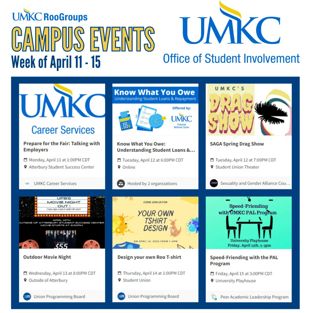 Hey Roos! There are many great events happening on campus this week. Check out these six featured events. Then, head to roogroups.umkc.edu/events to view all events and event details for the week!