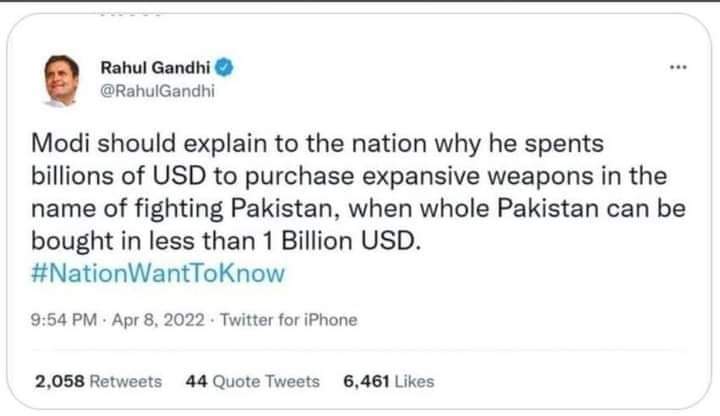 Student42288571's tweet photo. کانگریس لیڈر راہول گاندھی نے  مودی سے مخاطب ہوکر کہا کہ کیا ضرورت ہے اتنا اسلحہ اور جہاز خریدنے کی۔۔۔ پاکستانی قوم تو ایک ارب پر اپنا ایمان بیچنے کیلئے تیار بیٹھی ہے___یہ طمانچہ ان سب کیلئے ہے جو آج جشن منا رہے ہیں.🥺🥺 https://t.co/A8cLNipAac