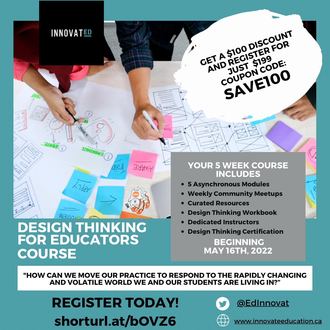 We are back @EdInnovat with the second round of the #designthinking for educators course. 5 (asynchronous) weeks to reimagine teaching & learning for your classroom, school, or system! Registration is now open 💡 #onted #education #edtech #edchat #teachertwitter