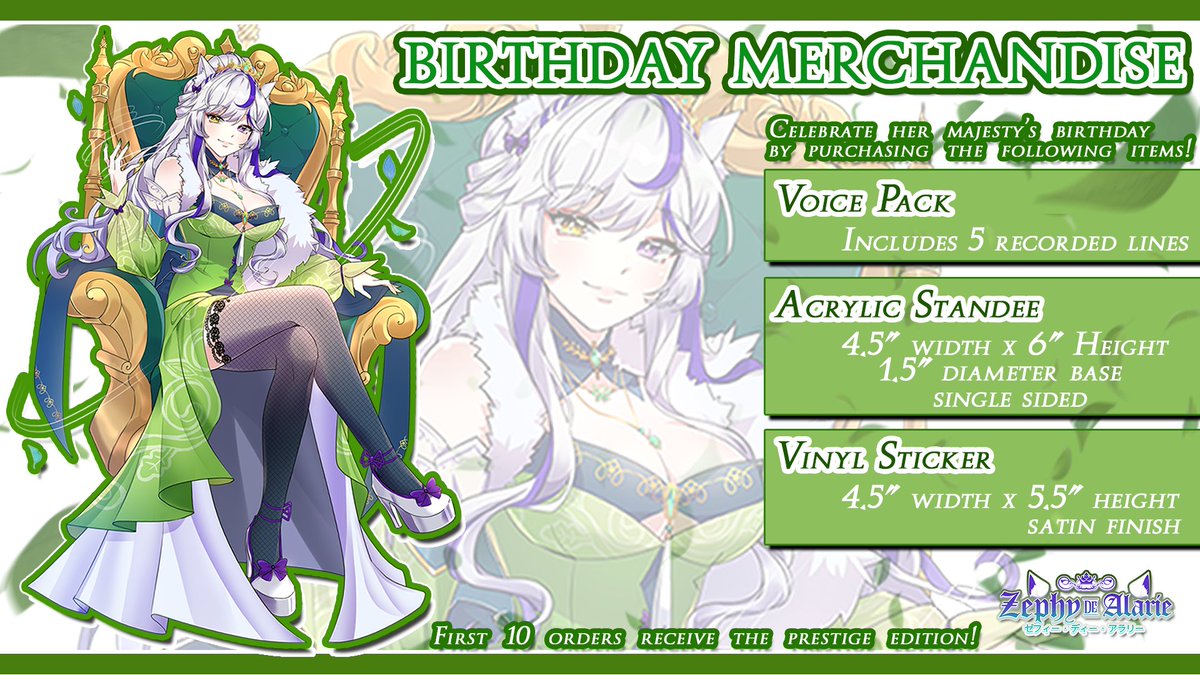 YuukawaPro's tweet photo. 👑🍃🎂New Merch Release🎂🍃👑

Happy Birthday Zephy! 🎂

New Zephy De Alarie Birthday merch are available! 

⬇️Come check these limited time only items at:
https://t.co/MYgGQhIGoe

#YukaProShop #VTuberBirthday https://t.co/0VBH1O88MK
