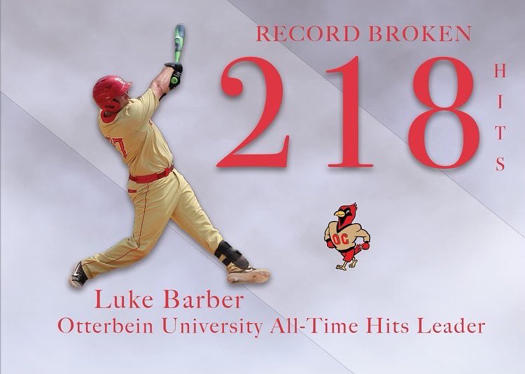 OUCardsBaseball's tweet photo. Congrats to senior 1B Luke Barber on breaking 19’ grad Ben Beachy’s all time hits record at 218 hits and counting. The way Luke has been a leader everyday since the day he stepped on campus is remarkable. Luke embodies what an Otterbein Baseball player stands for!#BirdGang https://t.co/z7ASuxOFns