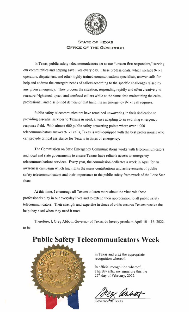 This week is National Public Safety Telecommunicators Week. Governor Abbott encourages all Texans to learn more about the vital role these professionals play in our everyday lives. #911telecommunicator