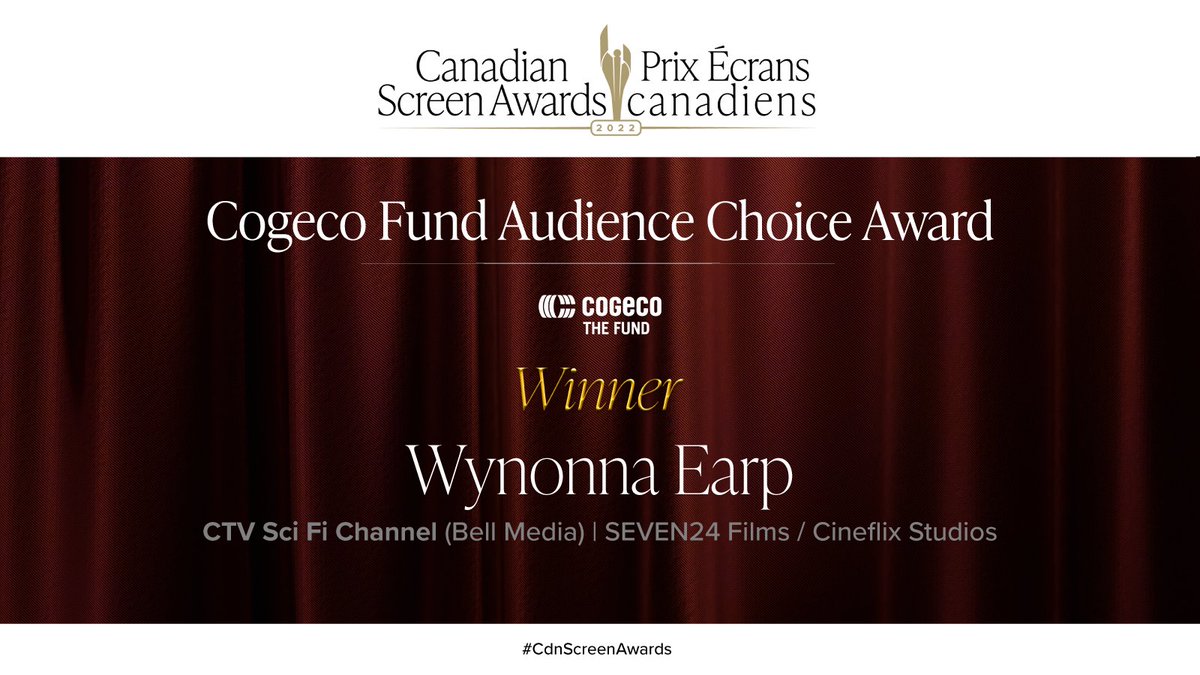 TheCdnAcademy's tweet photo. Congratulations to @WynonnaEarp, this year’s winner of the @cogecofund Audience Choice Award! #CdnScreenAwards https://t.co/dKRj7UmMve