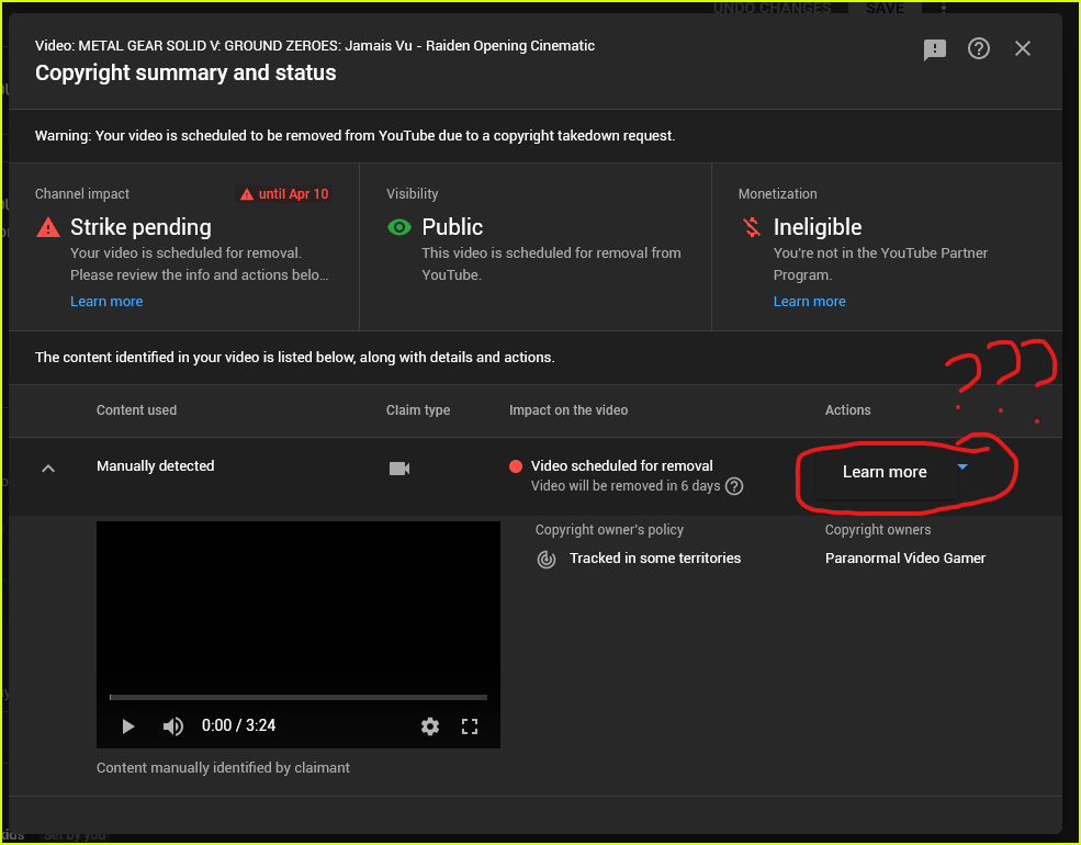 Hi <a href="/YouTube/">YouTube</a> , <a href="/TeamYouTube/">TeamYouTube</a> , and "Paranormal Video Gamer", why is it ok to allow manual striking a video of my gameplay footage that I recorded on my PS4 by playing the game that I own? Why is "Learn more" my only option and who do I contact?