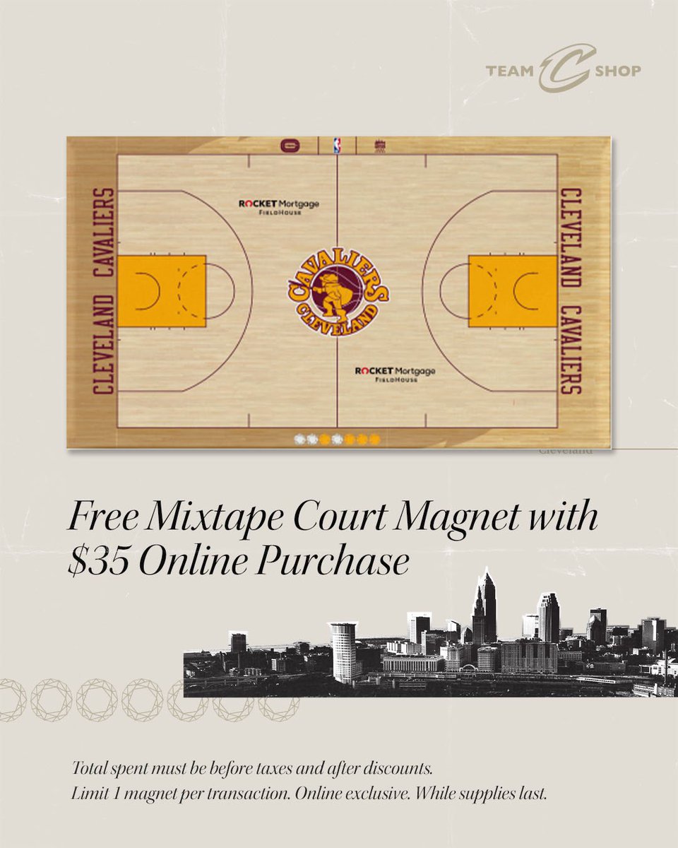 CavsTeamShop's tweet photo. Only a few hours left to get a FREE @Cavs Mixtape Court Magnet with any purchase over $35 at https://t.co/wIkXPGaLob! #AllForFans https://t.co/vpi534dSkX