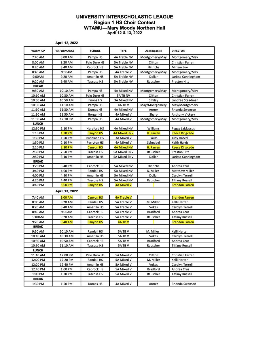 Here is the schedule for the UIL contest.