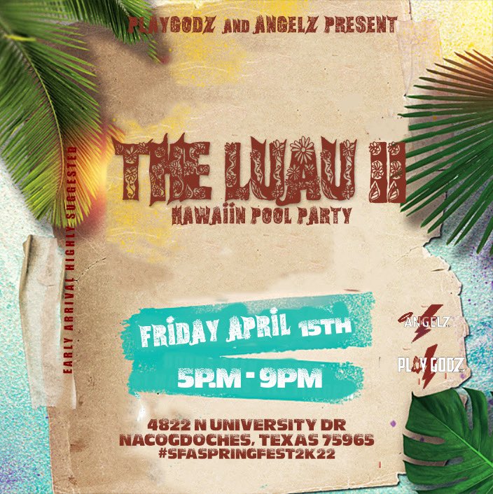 SFA_PlayGodz's tweet photo. Your girl favorite pool party is back 🗣

#Theluau2 🏊🏽‍♀️ 🏊🏾‍♂️ 

FRIDAY APRIL 15th 🗓 

5pm - 9pm ⏰ 

4822 North University Dr 📍 

Don’t forget to get your presales available now 🗣🗣 https://t.co/KaKrmenOql