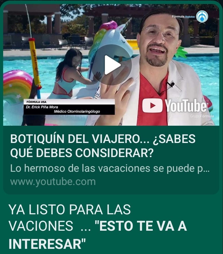 YA LISTO PARA LAS VACIONES  ... "ESTO TE VA A INTERESAR"
Revisa este video.
youtu.be/BeUpU6TLfns
<a href="/Radio_Formula/">Grupo Fórmula</a>
<a href="/JRochaInforma/">Juan Rocha...Informa</a>
<a href="/RominaBarreraF/">* Romina Barrera Fournier *</a>
<a href="/Aurora_castille/">Aurora Castillejos</a>
<a href="/erickpinamora/">Dr Erick Piña Mora</a>
<a href="/formulaUSA/">Fórmula Noticias con Juan Francisco Rocha</a>