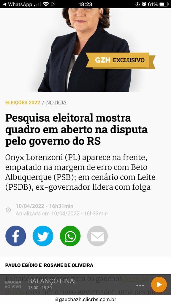 BetoAlbuquerque's tweet photo. Estou muito contente e com os pés no chão com esta pesquisa revelada hoje a tarde pela @rosaneoliveira. Vejo neste resultado uma caminhada de muito trabalho da minha Pré-candidatura à Governador e do meu total compromisso com a educação no RS.Serei o Governador da Educação! https://t.co/f83L0gfdHJ