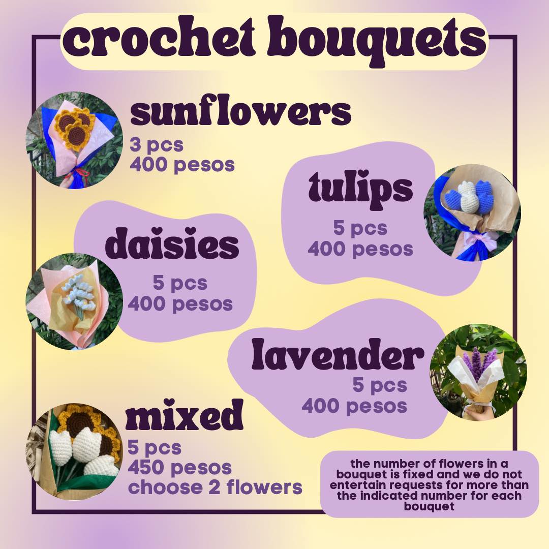 moreloopsph's tweet photo. April showers bring May flowers this year as twistmnl &amp; moreloops are once again open for crochet bouquet orders! 💐 

Details about the bouquets can be found in the picture. DM us your order form if you wish to place an order (order form in highlights) 💌 https://t.co/7ZxJMKCje9