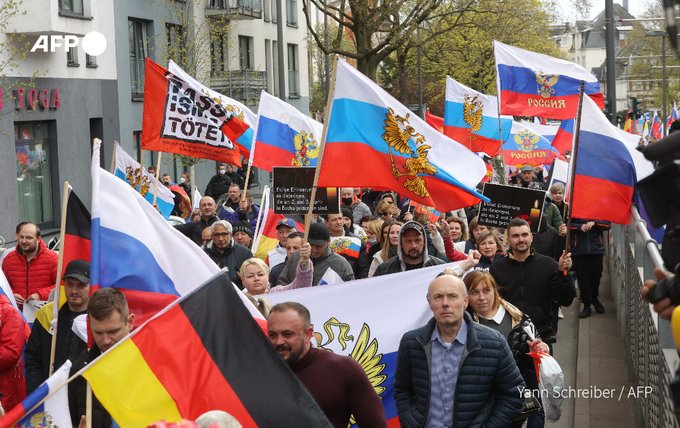 People take part in a pro-Russian protest in Frankfurt am Main