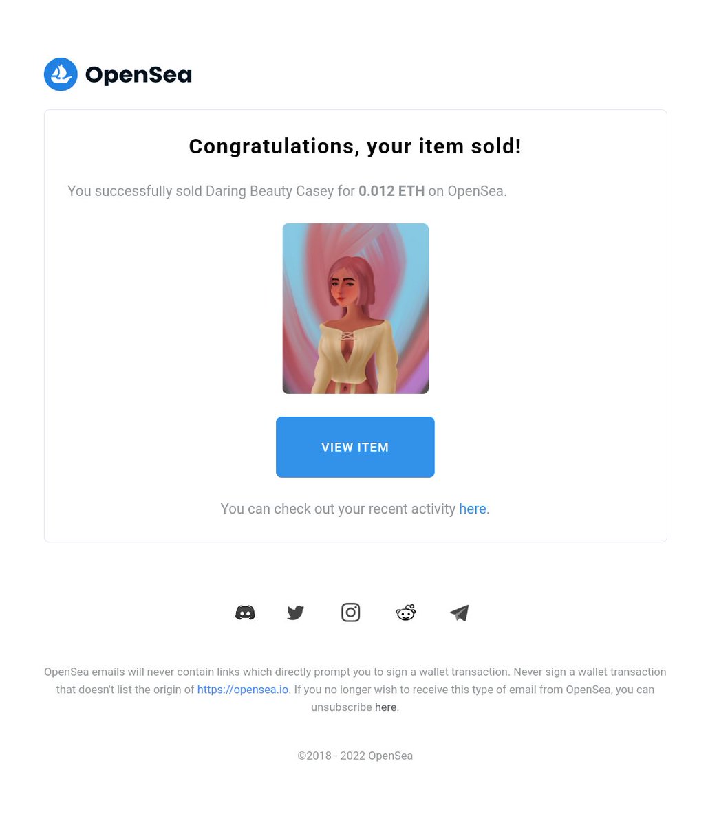 Waking up to this email from <a href="/opensea/">OpenSea</a> 
What a great day to start! Thank you so much <a href="/TexKap523/">Kevin K</a> for collecting Daring Beauty Casey, your support has been amazing! 

Let's join our family and discover your own daring characters! 
opensea.io/collection/dar…
#daringbeauty #nfts