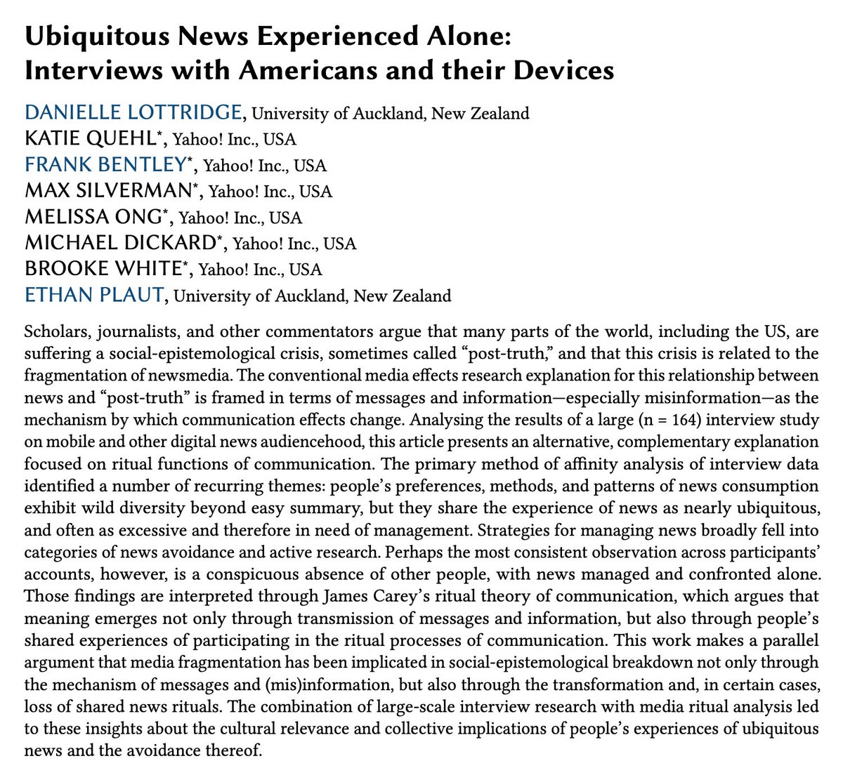 Ethan Plaut (@ethanplaut) on Twitter photo 🚨 New Paper! 🚨 Beyond misinformation: Interviews across 22 cities connecting mobile news rituals and fragmentation of reality #cscw2022 thx SO much <a href="/HuffPost/">HuffPost</a> <a href="/YahooNews/">Yahoo News</a> <a href="/dlottridge/">Danielle Lottridge</a> <a href="/KatieQuehl/">Katie Quehl</a> <a href="/bentley79/">Frank Bentley</a> @MelissaOng69420 <a href="/mdickard/">Madeleine Dickard</a> doi.acm.org/?doi=3512975 🚨 New Paper! 🚨 Beyond misinformation: Interviews across 22 cities connecting mobile news rituals and fragmentation of reality #cscw2022 thx SO much <a href="/HuffPost/">HuffPost</a> <a href="/YahooNews/">Yahoo News</a> <a href="/dlottridge/">Danielle Lottridge</a> <a href="/KatieQuehl/">Katie Quehl</a> <a href="/bentley79/">Frank Bentley</a> @MelissaOng69420 <a href="/mdickard/">Madeleine Dickard</a> doi.acm.org/?doi=3512975