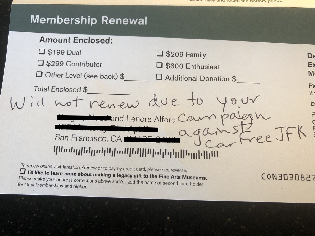 LenoreAudreyJ's tweet photo. Our family enjoyed our membership to the @deyoungmuseum but we won’t be renewing due to their heartless campaign against #CarFreeJFK https://t.co/PPsTvryWWm