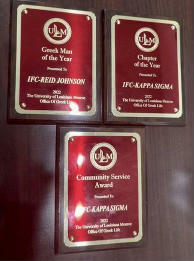 Not only did <a href="/KappaSigULM/">Kappa Sigma ULM</a> host a successful 14th Annual Golf Tournament but they were also awarded IFC Chapter of the Year, Brother Reid Johnson was awarded Greek Man of the Year, and they also received a community service award! Brother <a href="/Hathaway_14/">hathawaycole</a> you are an incredible leader!