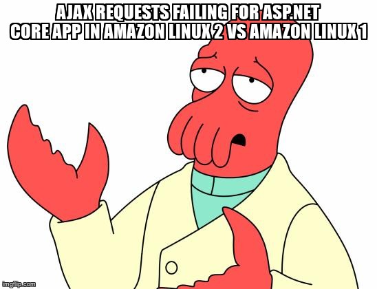overflow_meme's tweet image. AJAX requests failing for ASP.NET Core app in Amazon Linux 2 vs Amazon Linux 1 stackoverflow.com/questions/7134… #ajax #amazonelasticbeanstalk #aspdotnet #docker #amazonlinux2