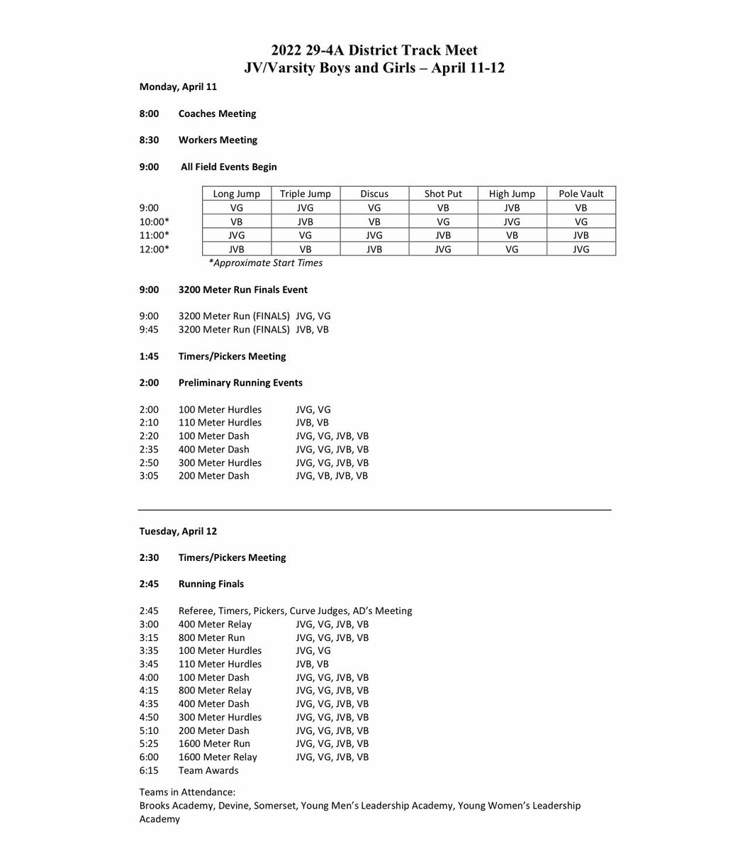 Here is the schedule for our district meet Monday and Tuesday in Somerset. Excited to see what our Warhorses and Arabians will do!!