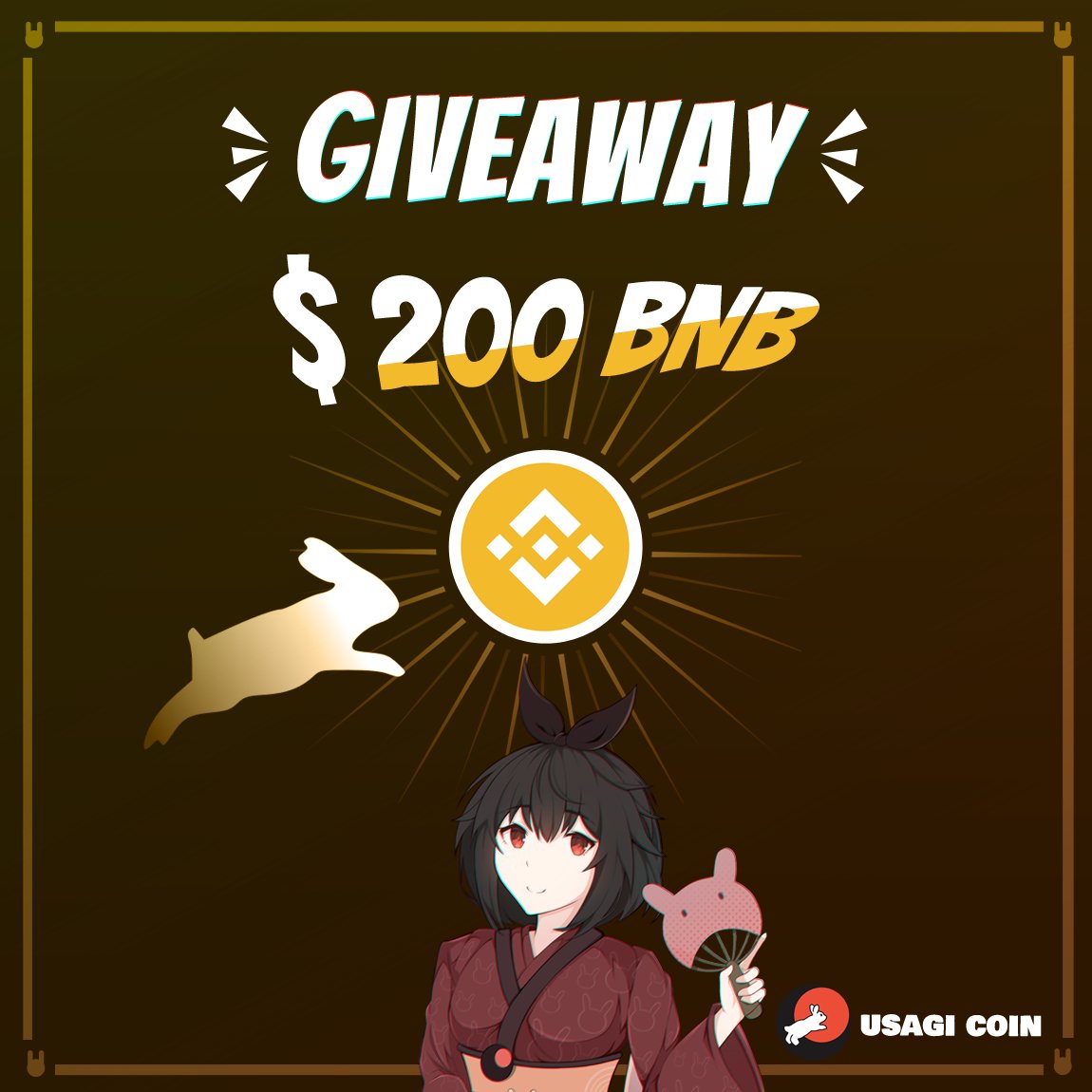 USAGICOIN's tweet photo. Ohayo Everybunny! #USAGICOIN is hosting a $200 BNB #GIVEAWAY ! 🎁🐰🚀
4 Winners will earn $50 Each! 🎉

How to Enter: 🚀

1⃣ Follow @USAGICOIN
2⃣ Like &amp; RT!
3⃣ Tag 2 Friends
4⃣ https://t.co/EJuauKhcY6

Ends in 10 Days ⏳

#Anime #BNB #NFT #NFTcollector #NFTCommunity #NFTGiveaway https://t.co/f49EjnXkkY