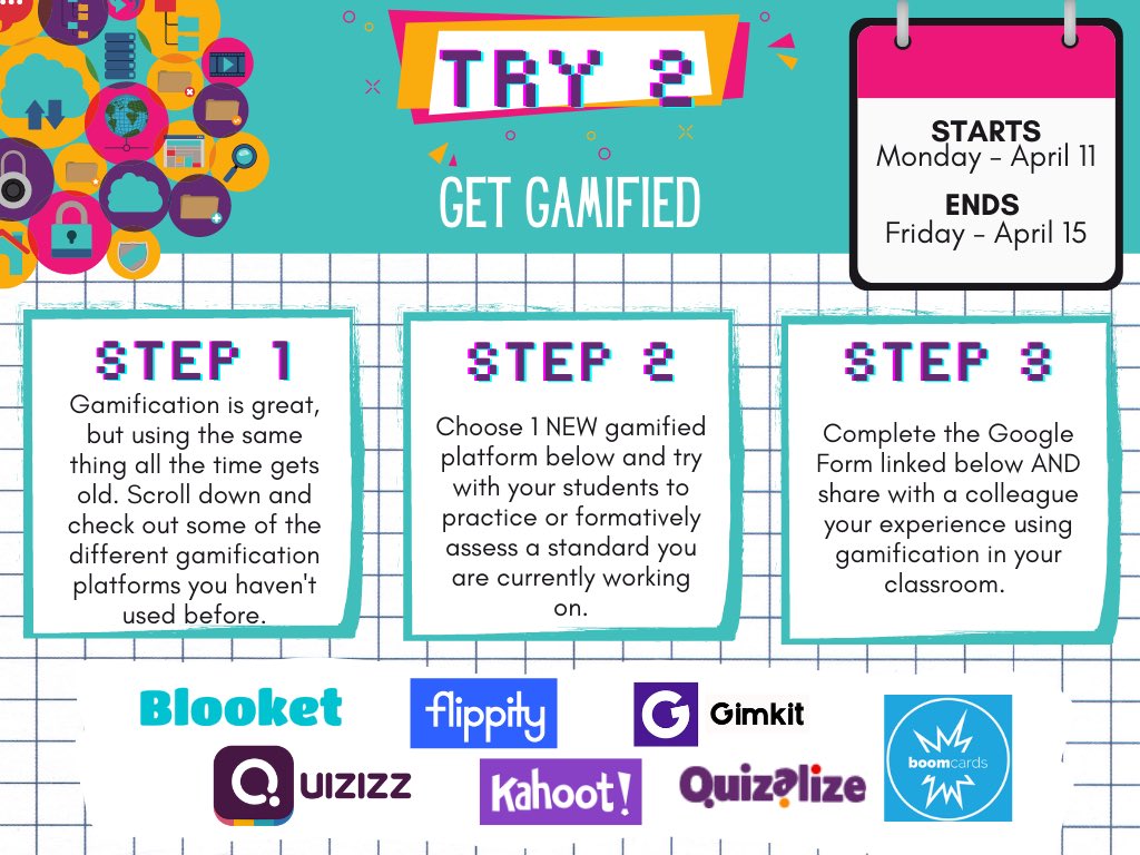 howardkeb's tweet photo. TRY 2️⃣ of the @MunfordElem 💻 Tech Try-Athon begins tomorrow! Get your 👾gamification👾 on with @PlayBlooket @quizizz @flippitynet @Kahoot @gimkit @Quizalizeapp and @BoomLearning 💻#MEStryathon @TCBOE #leadingtheway #workingonmyroar https://t.co/xvsuiEf8Bk
