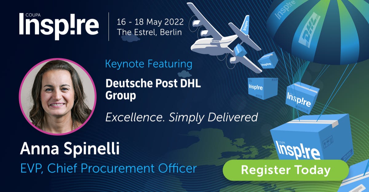 pasternak_r's tweet image. Join keynote speaker Anna Spinelli, Deutsche Post DHL Group’s EVP Chief #Procurement Officer at #CoupaInspire, Berlin. She will take us through the journey of how DHL Group is reimagining its operational processes. Register now. #powerofspend @coupa bit.ly/3urK2CX