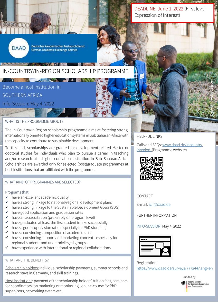 DAAD invites academic institutions in Southern Africa to apply to become In-Country/In-Region partner institutions to host &amp; mentor scholarship holders (2024 to 2026). An info session will be held on 04 May 2022. Detailed information: bit.ly/3xpEewO.