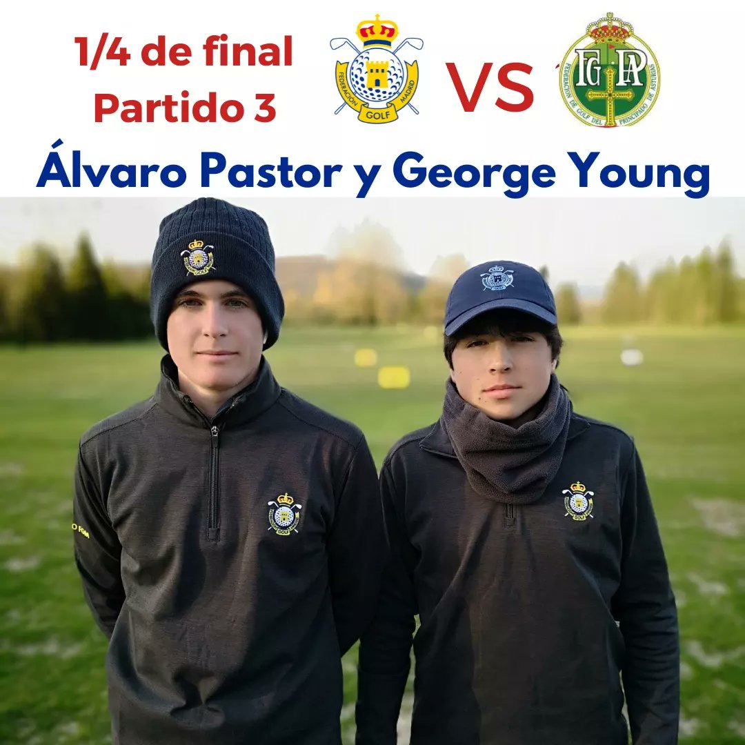 Fedgolfmadrid's tweet photo. 💥Buenos días desde Larrabea, Vitoria, donde hoy se disputan los cuartos de final del #InterSub18, y nuestro rival será el Principado de Asturias.
👉Estas son nuestras parejas para los tres partidos de foursomes. #CanteraFGM #VamosMadrid https://t.co/OwegOwI9r1