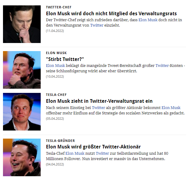 Artikel zu Elon Musks Einflussnahme bei Twitter, mit wandelnden Gesichtsausdrücken des Tesla-Chefs von glücklich bis besorgt