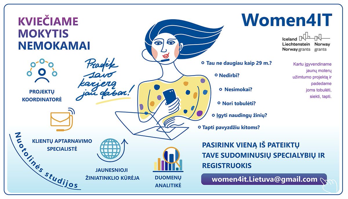 BETI_LT's tweet photo. MERGINOS, jei esate iki 29 m., nedirbate ir nesimokote, siūlome jums galimybę pradėti savo karjerą jau DABAR👇! Kviečiame nieko nelaukti, pasirinkti specialybę ir registruotis el. paštu women4it.Lietuva@gmail.com. Vietų skaičius ribotas.
Mokymų pradžia gegužės 2 d.
@WomenForIT https://t.co/VBQRjw6Hbn