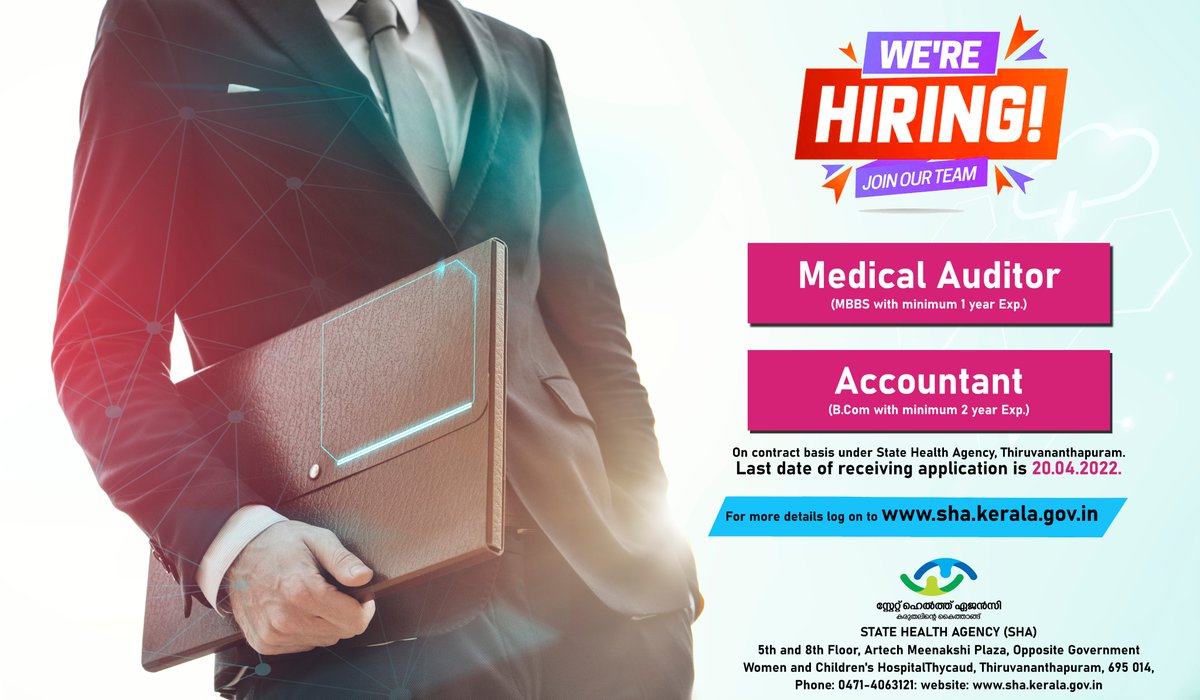 shealthagencyk's tweet photo. We are hiring
Medical Auditor & Accountant
for more details Please visit : https://t.co/KIU02BEaAr
#SHA #StateHealthAgency #KASP #KarunyaArogyaSurakshaPadhathi https://t.co/Osc3Xzrlfu