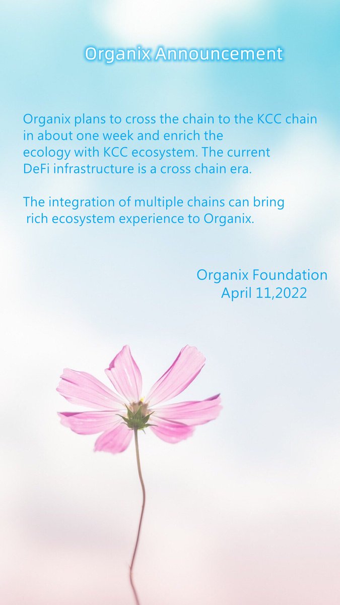 Organix plans to cross the chain to the KCC chain in about one week and enrich the ecology with KCC ecosystem. The current DeFi infrastructure is a cross chain era. The integration of multiple chains can bring rich ecosystem experience to Organix. <a href="/KCCOfficialTW/">KuCoin Community Chain (KCC) Official</a>