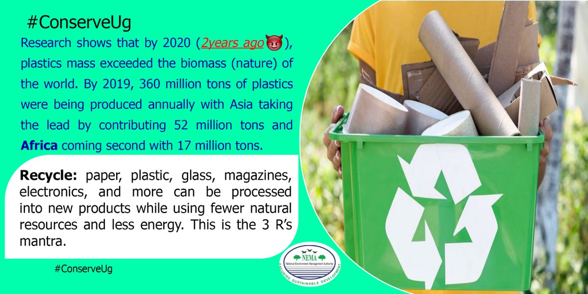Research shows that 2 years ago, plastic mass had exceeded the world's biomass. It's not too late to embrace the 3Rs ... Reduce, Reuse &amp; Recycle plastics &amp; other items for the good of our environment; #ConserveUg
<a href="/ABarirega/">Barirega Akankwasah, PhD</a> <a href="/NKarekaho/">Naomi K Namara</a> @kwi_zera <a href="/bazanye/">Ernest Bazanye Finished The Novel</a> <a href="/kanyindo/">Siima Kyakuhaire</a> @lauragraceaine