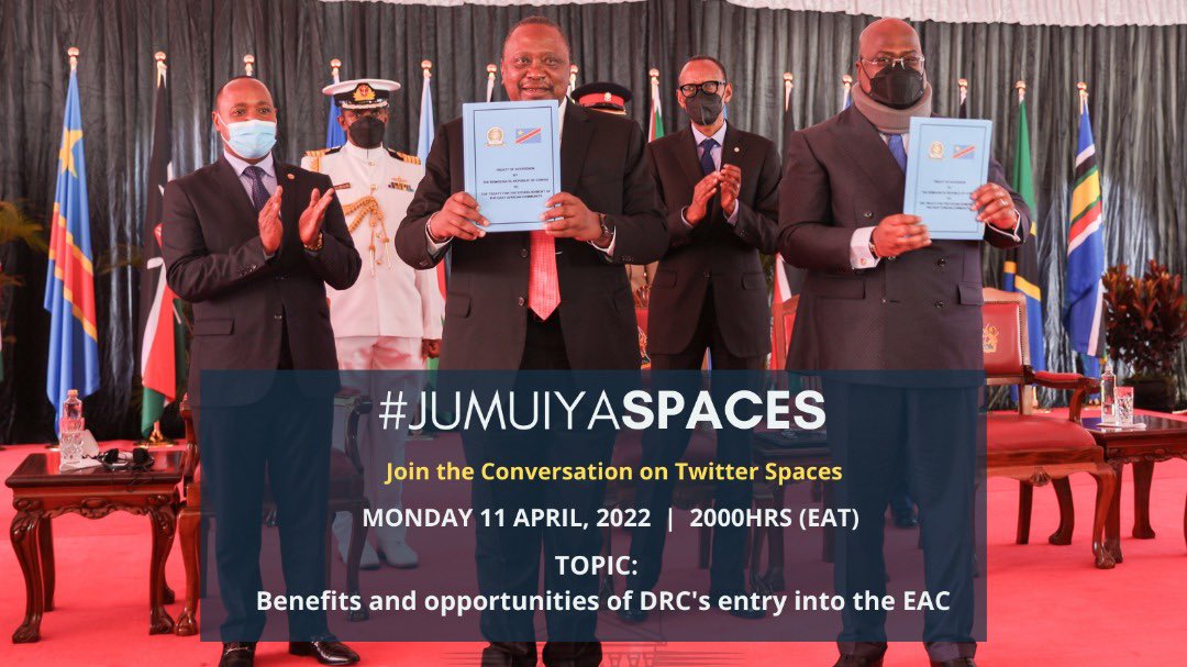 jumuiya's tweet photo. 💥 Join us today, 11th April 2022 on Twitter Spaces

Time: 8pm EAT

…As we delve in on DRC’s entry into the EAC and what this means for East Africans. 

EAC SG @pmathuki will answer all your questions on the new addition &amp; current state of the region. 

https://t.co/x9KQmlvnmV https://t.co/UmXe2aTgs3
