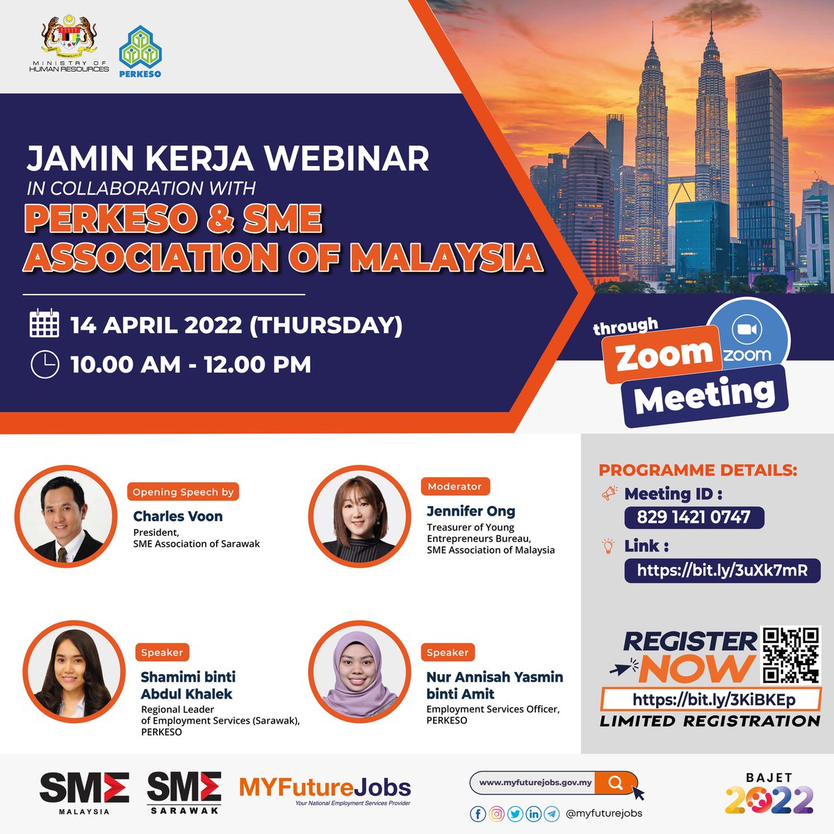 DrAzmanAziz's tweet photo. Come local small and medium enterprise (SME), join us in the coming #JaminKerja - Insentif Penggajian (JKIP) webinar series which will be held this Thursday, 14 April 2022. Register now at https://t.co/I8DIHeedxr and watch live at https://t.co/CdIBpqELP4 from 10 am to 12 noon. https://t.co/smMElRYVjN