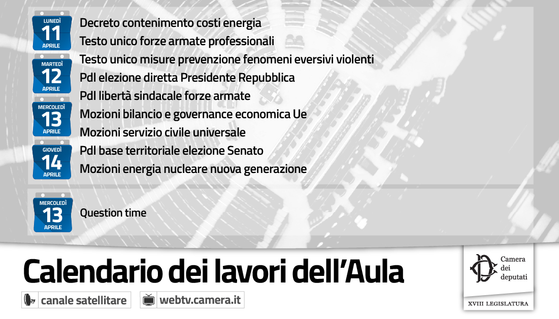 Montecitorio's tweet photo. Questa settimana all'esame della Camera decreto su contenimento costi #energia. In Aula anche elezione diretta #PresidenteRepubblica, base territoriale elezione #Senato, prevenzione fenomeni eversivi violenti, libertà sindacale #forzearmate: https://t.co/k5W4VTiJQT #OpenCamera https://t.co/zjNNBPpZHM