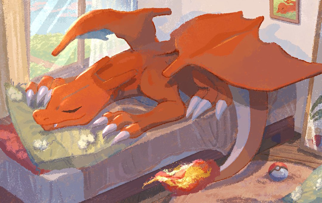 charizard flame-tipped tail pokemon (creature) no humans indoors claws window closed eyes  illustration images