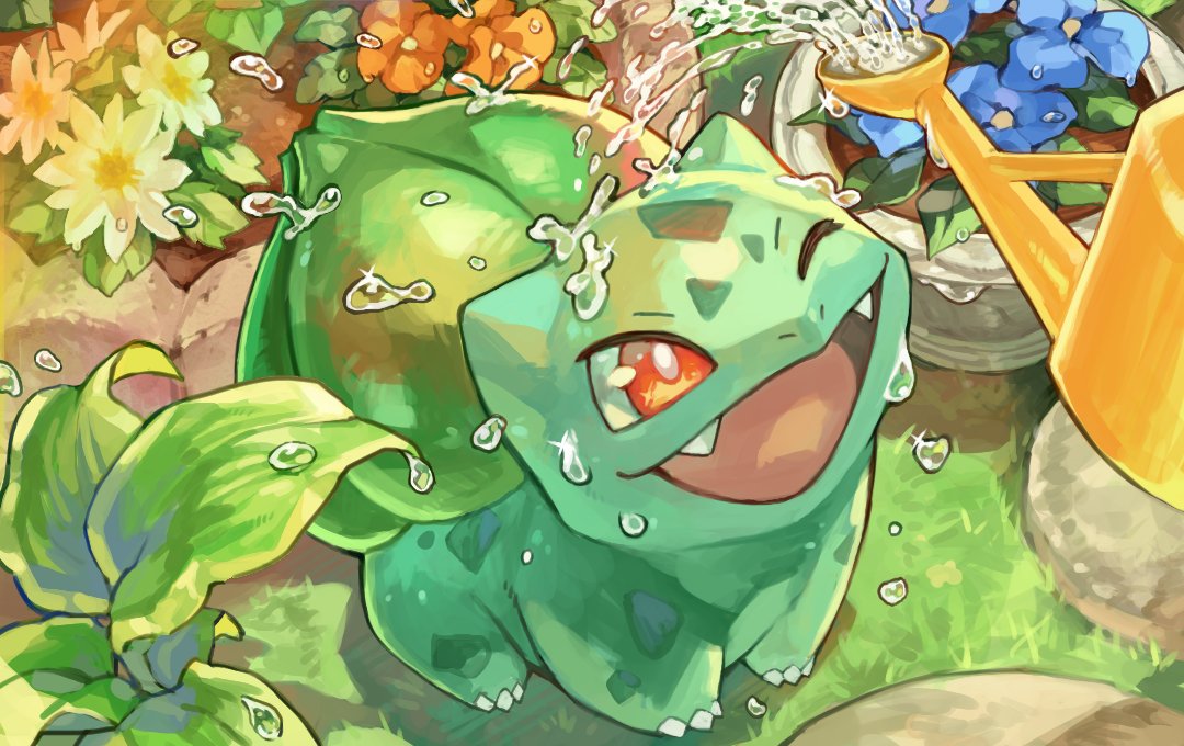 bulbasaur no humans pokemon (creature) open mouth flower one eye closed watering can water  illustration images