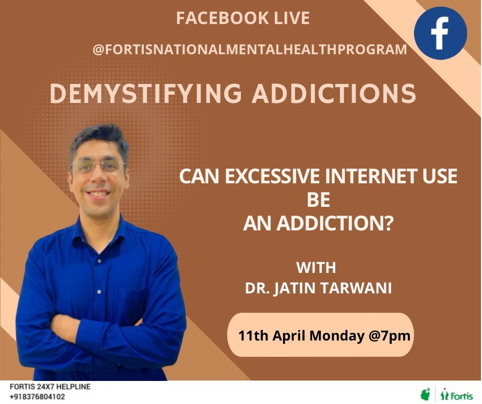 Join the #facebook #live on "Can Excessive Internet use be an Addiction?” A series on #Demystifyingaddictions" with <a href="/TarwaniJatin/">Jatin Tarwani</a> today at 7 pm facebook.com/events/4017492… #mentalhealth #mindspace