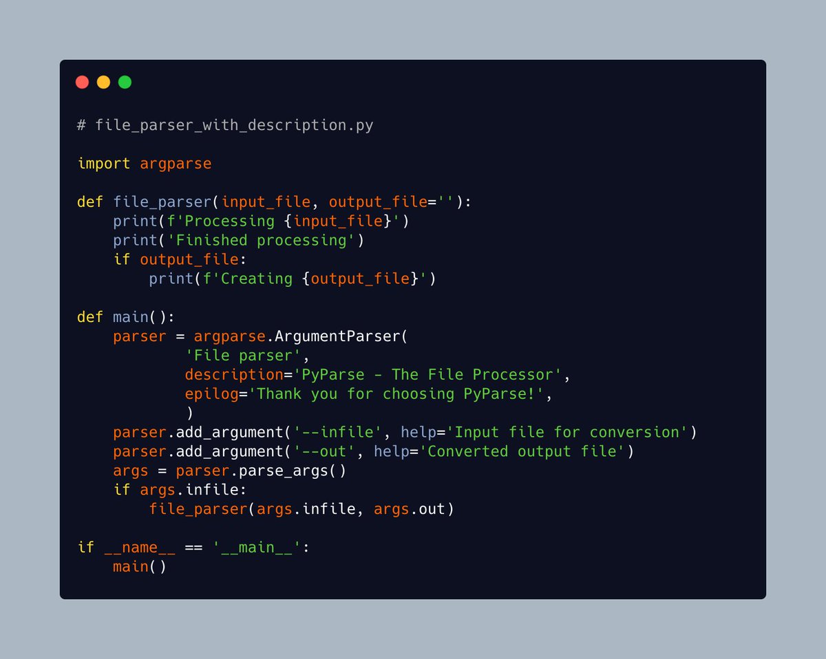 driscollis's tweet image. Have you tried creating a command-line program with #Python yet?

Python comes with the super useful `argparse` library.

On the left is an example of creating a command-line program. On the right is an example of asking the program for help! 🐍💪