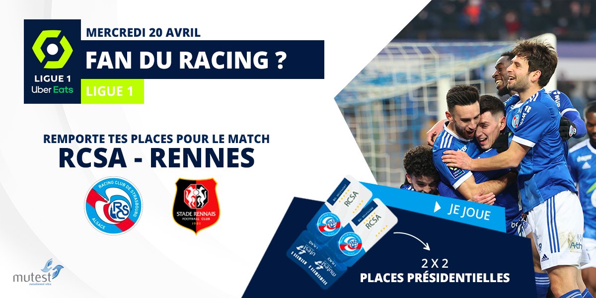 mutuellemutest's tweet photo. [#Concours ⚽️]
Dans le cadre de son #partenariat avec le @RCSA, Mutest sera le parrain officiel du match qui opposera le #Racing au @staderennais. A cette occasion on vous offre 4 🎫 en Présidentielle

Pour jouer :
🔷RT
🔷Follow @mutuellemutest 

🍀TAS le 14/04
Allez RACING ⚪️🔵 https://t.co/vAmpu73i7z