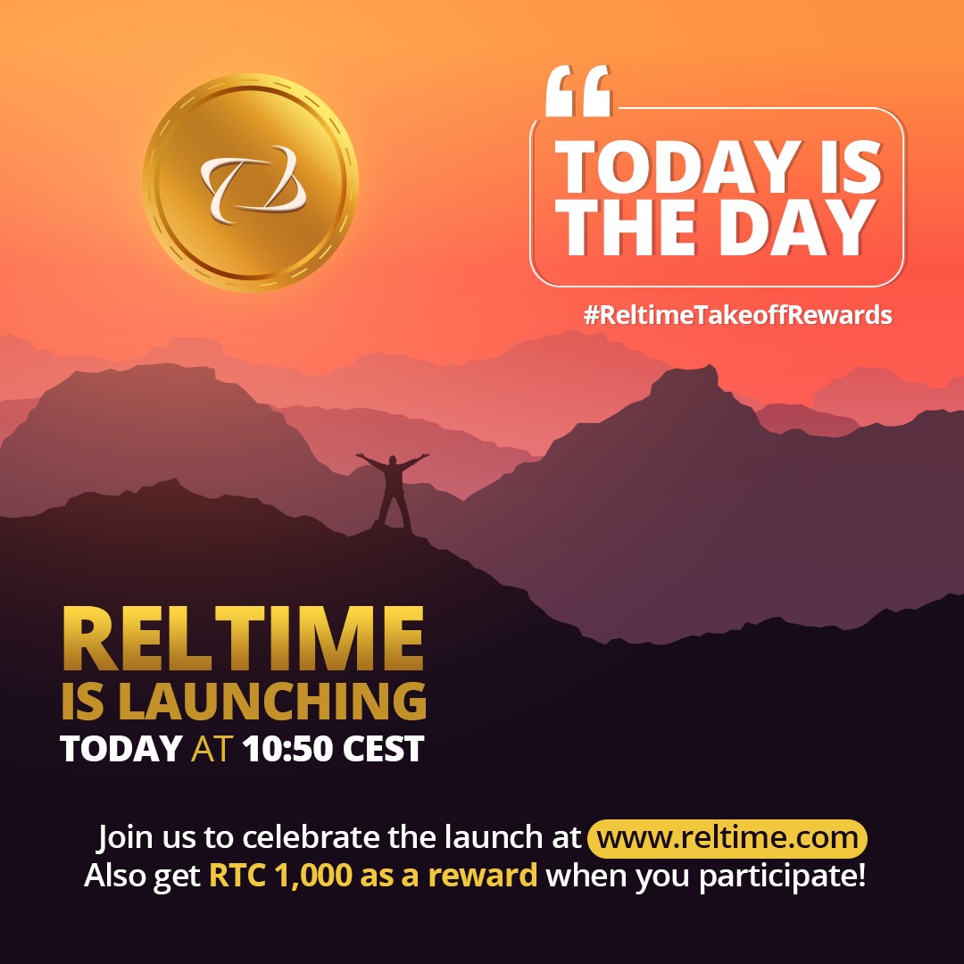 🚀 TODAY IS THE DAY 🚀
Celebrate 🍾 with us in <1.5 hours from now (10:50 CEST, UTC+2). #Reltime is launching our revolutionary global DeFi ecosystem today. Our CEO has some BIG news to announce! Let’s raise a toast 🥂 together. Go to us02web.zoom.us/j/4792699271 at 10:50 CEST today💥