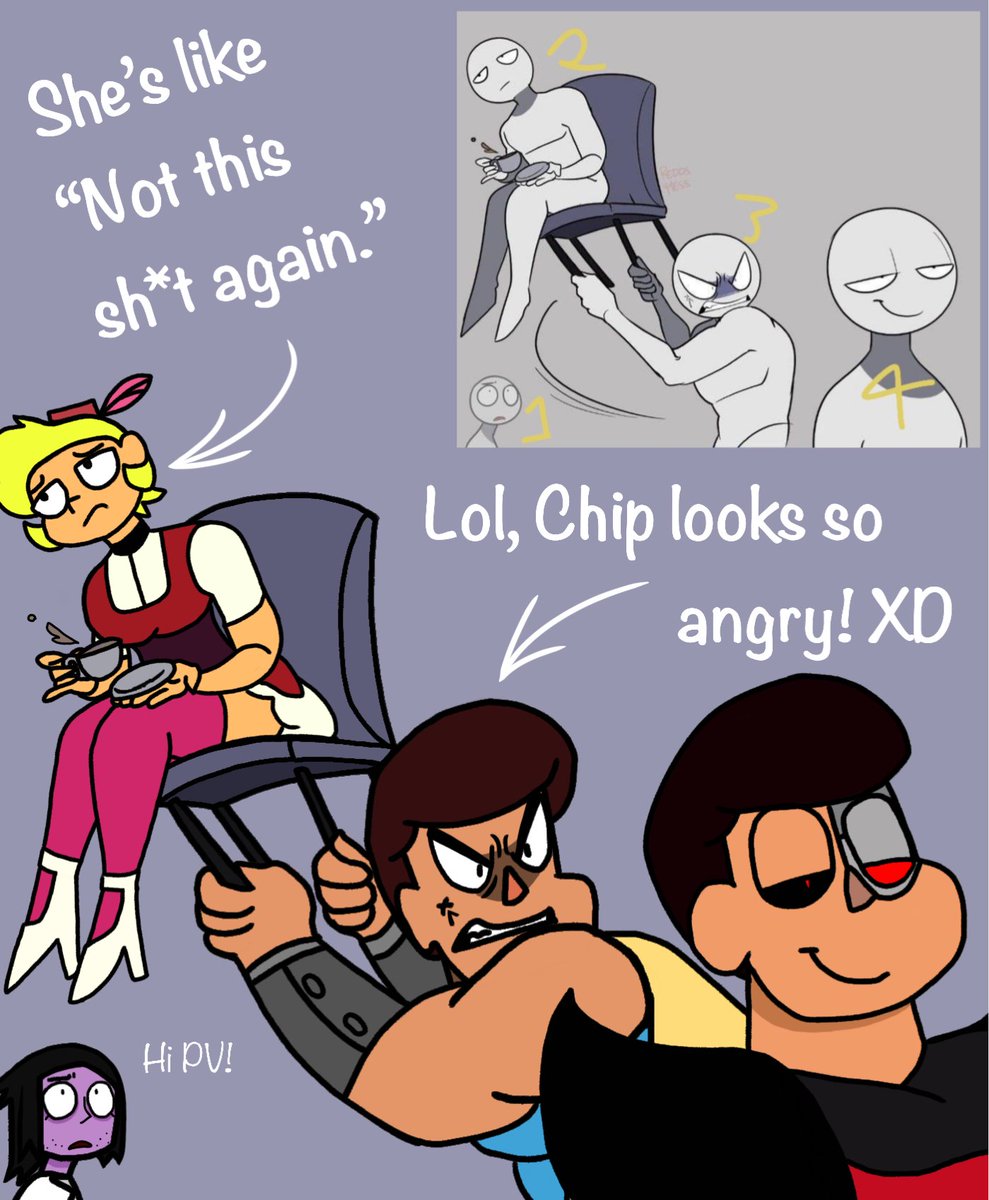 devilgirl9114's tweet photo. Don't you just hate it when you've been gone for a whole season only to came back to see yourself replaced by this guy?
(Also LOL! Chip about to commit murder!)
#okkoletsbeheroes #chipdamage #professorvenomous #elodie #myvillainoc https://t.co/2LNyGPU606