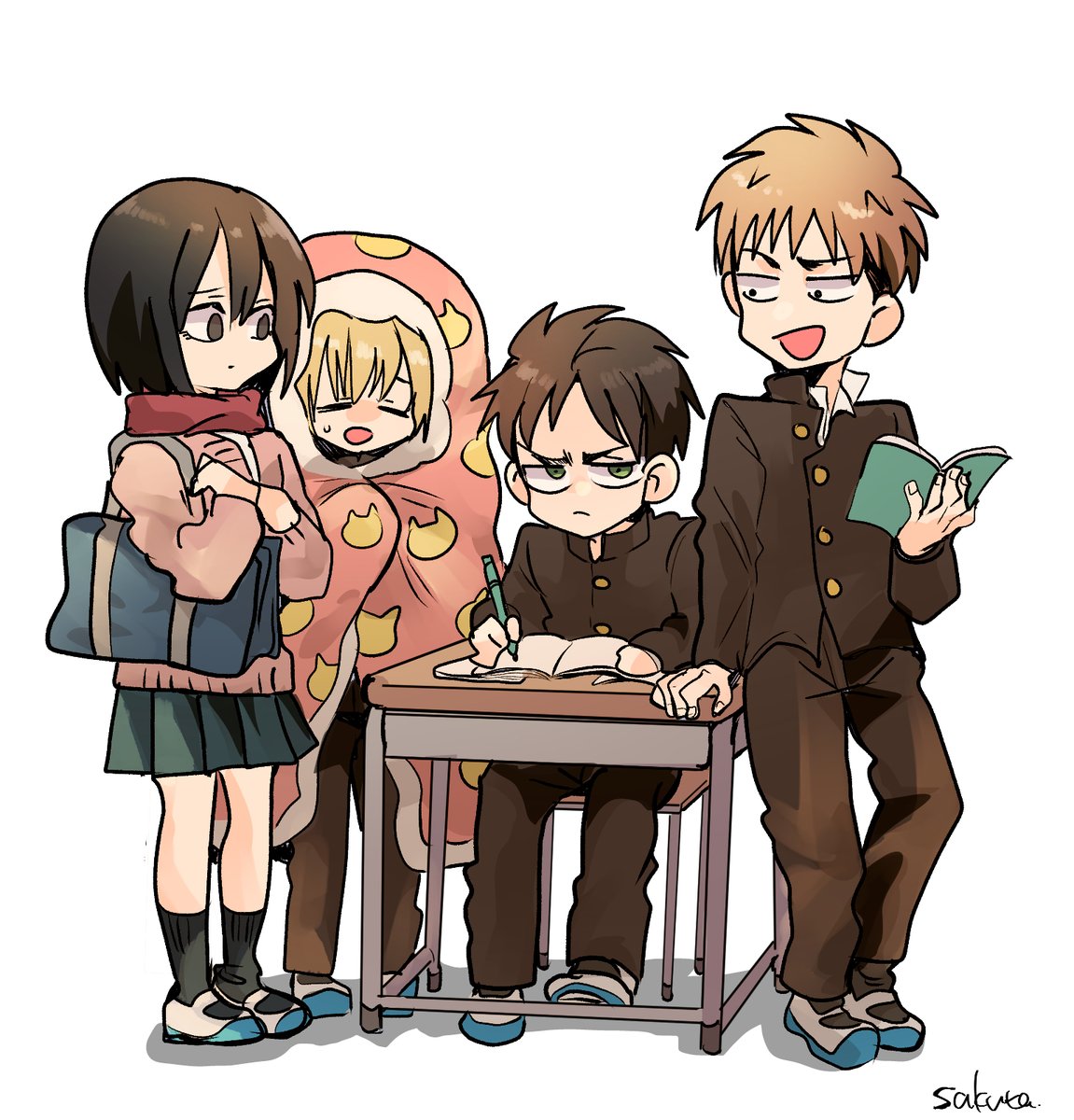 armin arlert ,eren yeager ,mikasa ackerman 1girl multiple boys school uniform book blonde hair desk bag  illustration images