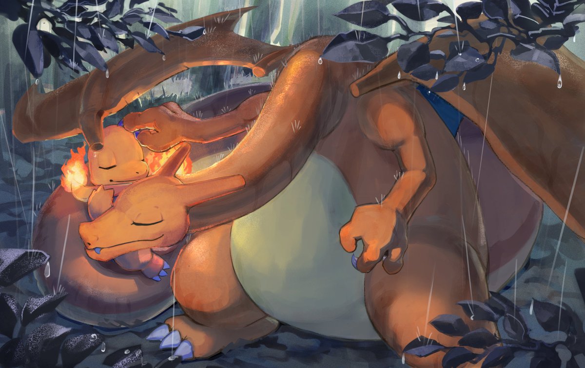 charizard flame-tipped tail pokemon (creature) rain fire closed eyes no humans claws  illustration images