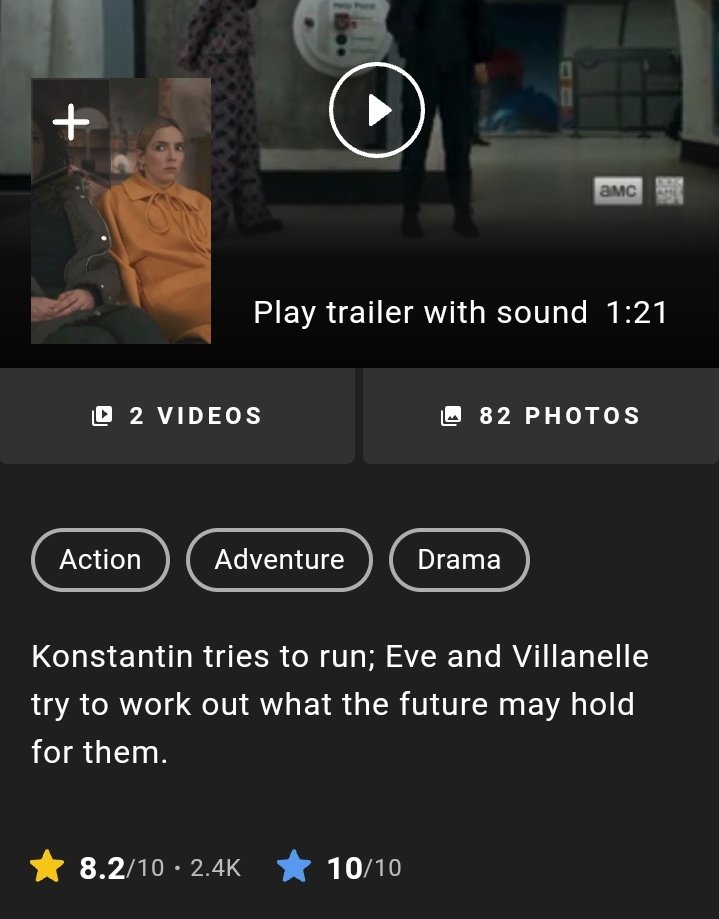 AWomanStabbedMe's tweet photo. In the entire history of Killing Eve barely any episode has gone lower than 6.8 - in season 4 btw - and not a single final episode has gone lower than 8.2 .. To reach a level of 3.7 in one day is truly a betrayal to what once was - and could've been - one of the greatest shows. https://t.co/zT0joxj13W