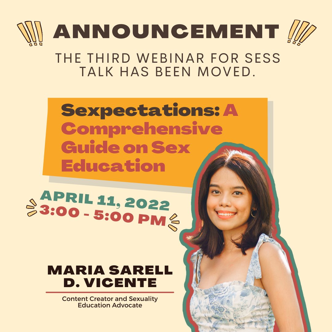 official_s_talk's tweet photo. ANNOUNCEMENT 📢

Our Webinar Series entitled: "Sess Talk: Understanding the Focused Lenses of Sex Education and Reproductive Health" with the amazing Miss Sarell Vicente will be moved to 3pm - 5pm.

#TheSTalk
#BreakingTheSexualStigma https://t.co/Ay6xuK18Ao