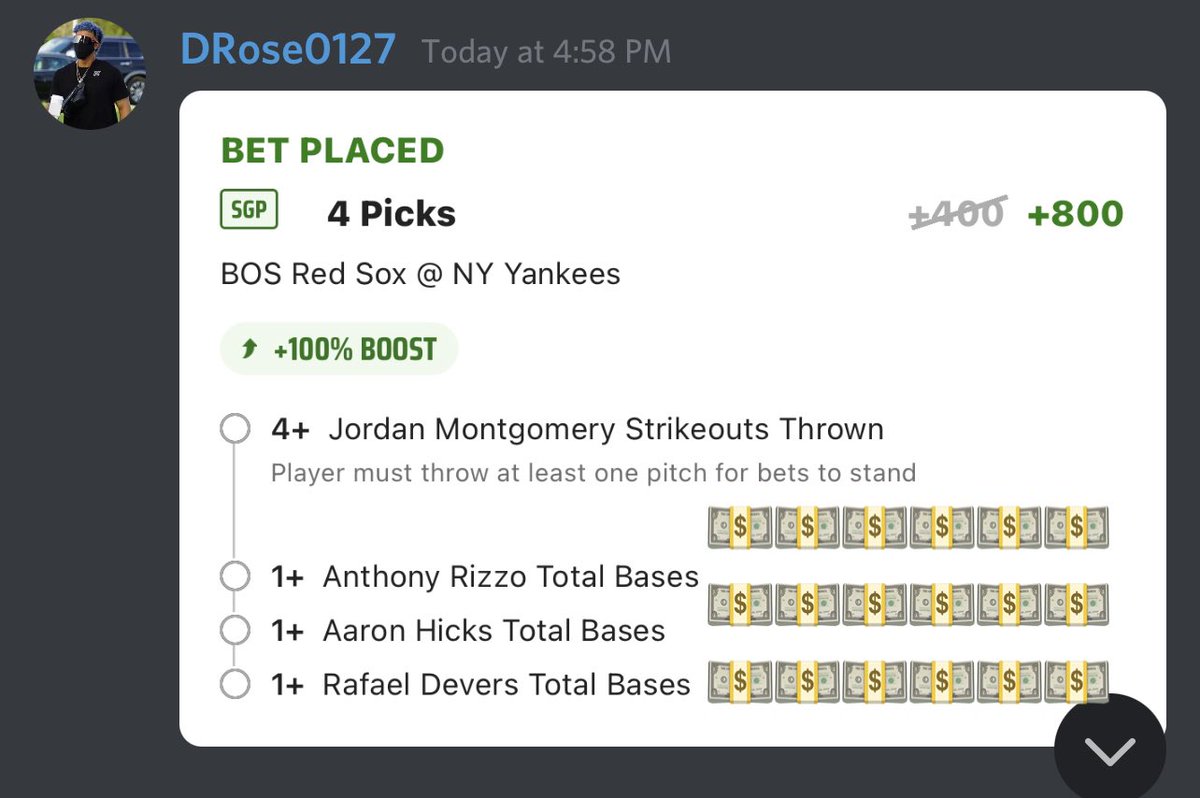 DRockDFS's tweet photo. 💥💥 The🔥start to #MLB continues at D-Rock DFS &amp; Bets. @DKSportsbook gave out 💯% profit boost tonight so we hooked the community up with some BIG winners!!! 💵💵💵💵

All bets posted in discord and daily #DFS content for FREE. 

#JustPrint #JoinUs #GamblingTwitter https://t.co/l43DWsBxgH