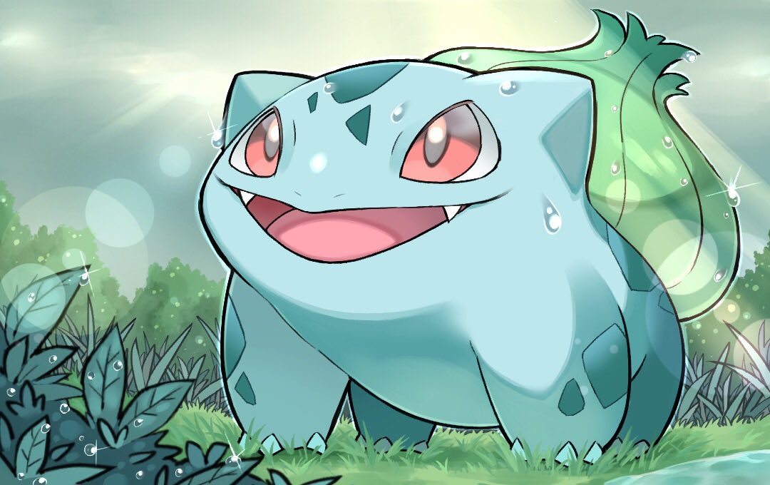 bulbasaur no humans solo pokemon (creature) outdoors open mouth fangs grass  illustration images