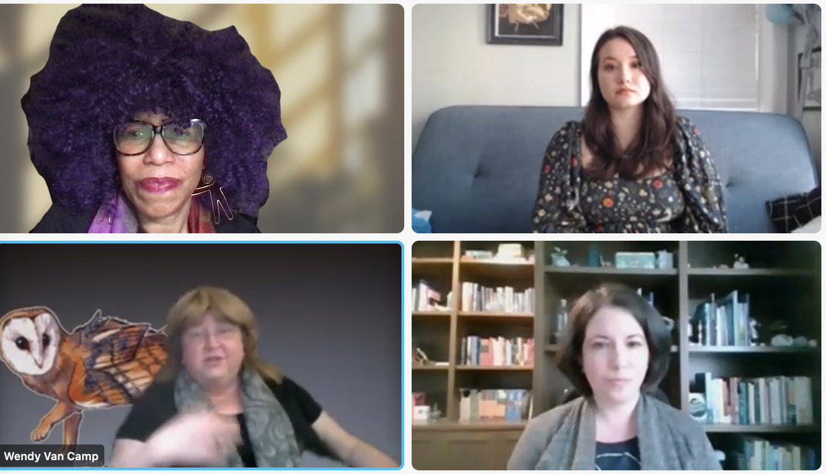 akualezli's tweet photo. I participated in 3 speculative poetry panels & did a 50 minute reading at Flights of Foundry Con. State of Speculative Poetry Panel Sunday 4/10/22 l to r Akua Lezli Hope, Maria Schrater, moderator, Wendy Van Camp, Katherine Quevedo #speculativepoetry #poetry #flightsoffoundry https://t.co/03y329gPqV