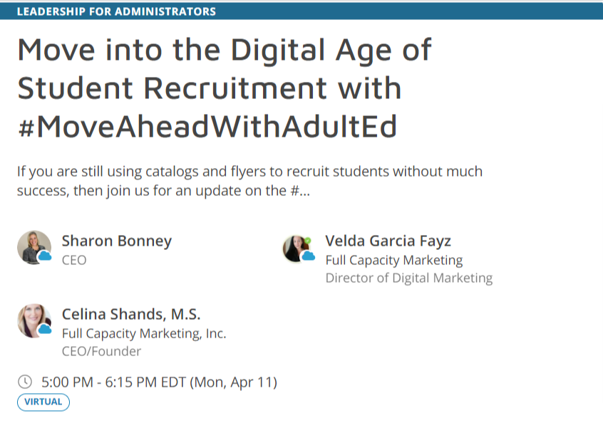 Learn how you can turn #MoveAheadWithAdultEd into a  digital lead generation campaign to boost #AdultEd enrollments at #COABE2022 4/11 at 2:00pm PST. #virtualevent with @fcmWorks. <a href="/ReginaMBrowning/">Regina Browning</a> <a href="/DeAnnaDThomas/">DeAnna Thomas</a>
 coabenationalvirtualconf.pathable.co/meetings/virtu…
