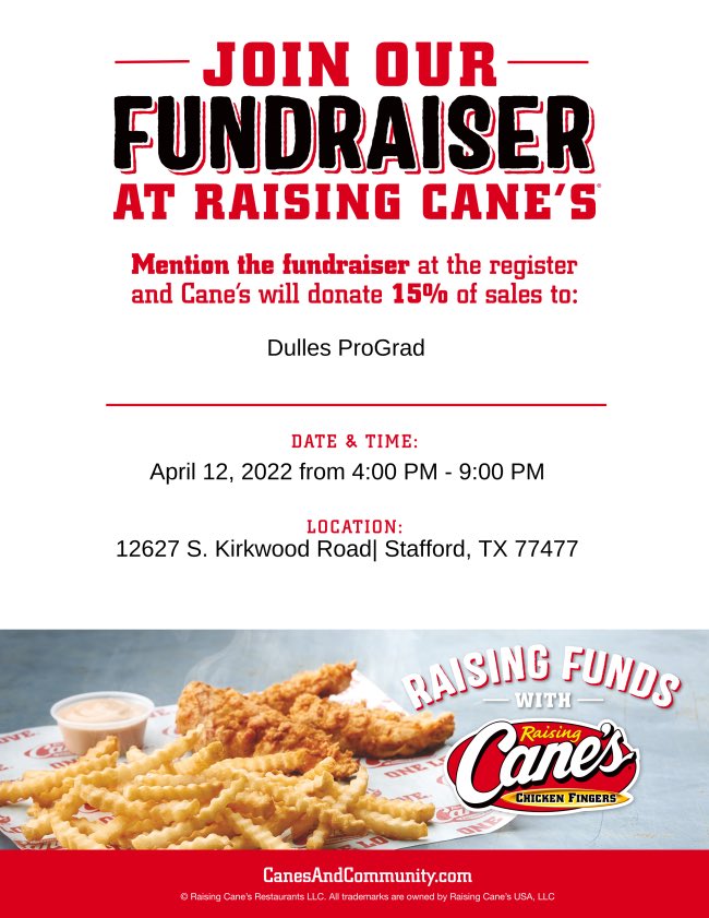 DullesProGrad's tweet image. Come join us Tuesday at Cane’s and support Dulles High School ProGrad!
